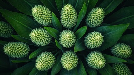 Fototapeta premium Green flower buds, overhead, lush foliage, botanical background, nature design