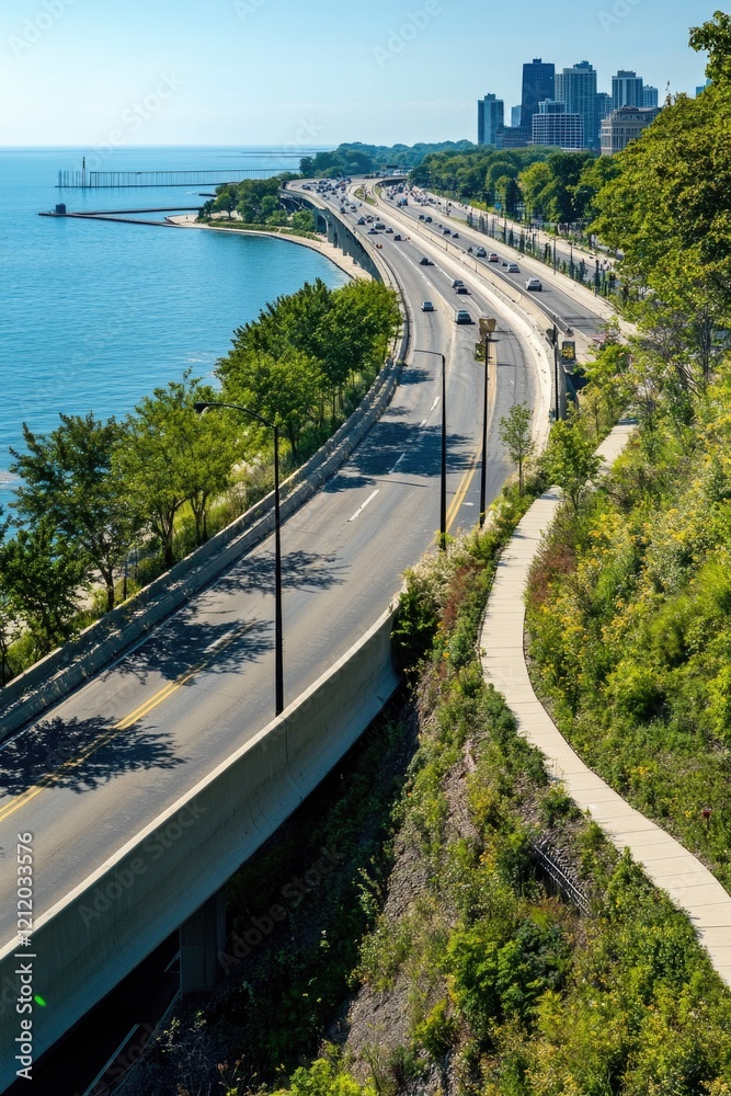 Poster A scenic view of a highway with a lake or ocean in the background, suitable for use in travel or landscape-related contexts