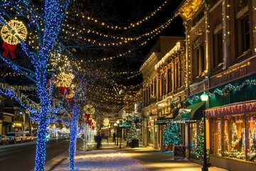 Obraz premium A festive city street filled with colorful Christmas lights