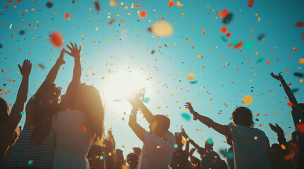 Naklejka premium Joyful Celebration with People Dancing Under Falling Confetti in Sunlit Atmosphere