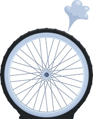 Fototapeta premium Bicycle wheel with flat tire is losing air rapidly with smoke coming out