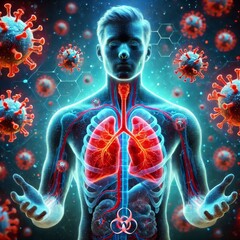 Naklejka premium A futuristic medical illustration showing a human body with a glowing blue outline, lungs highlighted in red to depict inflammation, and surrounded by floating virus-like particles in vivid red