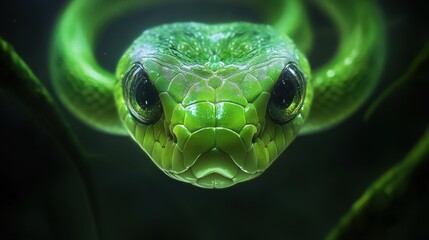 Fototapeta premium Green snake portrait, jungle night, close-up, wildlife