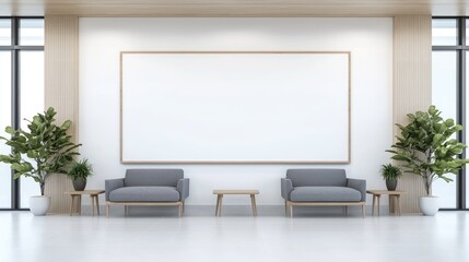 Modern office waiting area with blank sign