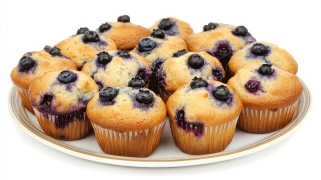 A plate of freshly baked blueberry muffins with bursting berries, Their golden-brown tops and moist interior invitingly showcased