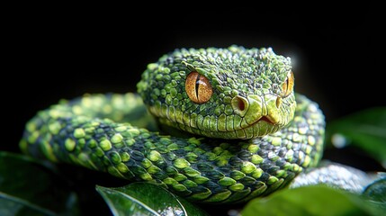 Obraz premium Green viper coiled, rainforest, night, wildlife, poster