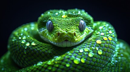 Fototapeta premium Green snake portrait, studio, dark background, reptile