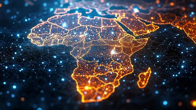 Africa Illuminated:  A mesmerizing, abstract portrayal of the African continent. The map is illuminated by a network of glowing lights, representing the interconnectedness and dynamism of the region.