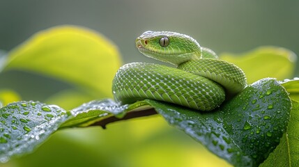Fototapeta premium Green viper coiled on dew-kissed leaves, jungle