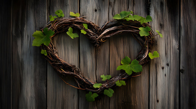 vines forming a heart shape against a rustic wooden fence 