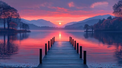 Fototapeta premium Serene sunset over a tranquil lake with a wooden pier leading towards distant mountains