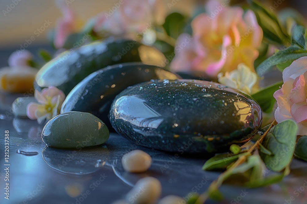 Poster close-up of natural stones and colorful blooms arranged on a table surface