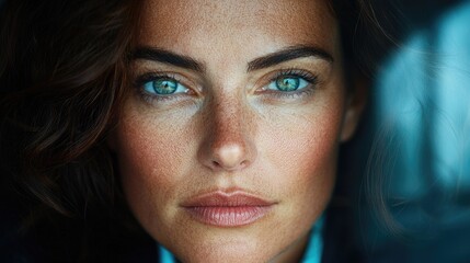 Fototapeta premium Woman's intense gaze, close-up portrait, window background, beauty campaign