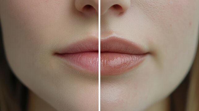 Before and After Lip Augmentation Comparison. Results of hyaluronic acid lip filler injections for facial rejuvenation.