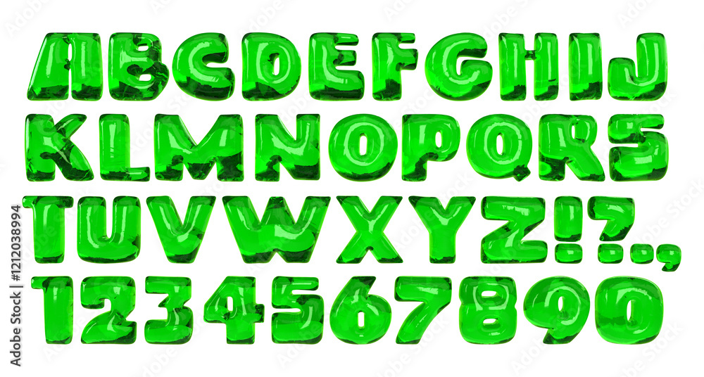 Fototapete green jelly font with glossy surface. bold alphabet with slime effect. uppercase bubble letters and 