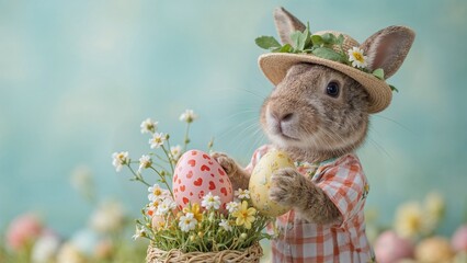 Cute bunny holding easter eggs on blue background