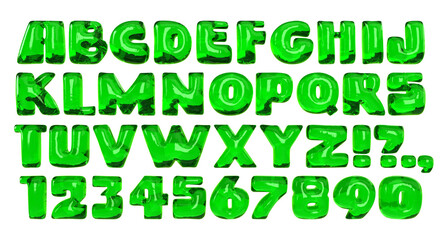 Green jelly font with glossy surface. Bold alphabet with slime effect. Uppercase bubble letters and numbers isolated on transparent background. Candy playful typescript © Morena