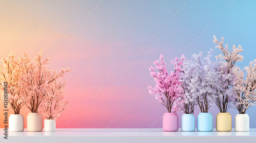 Aufkleber A serene display of pastel flower vases against a gradient backdrop, creating a calming and aesthetic atmosphere