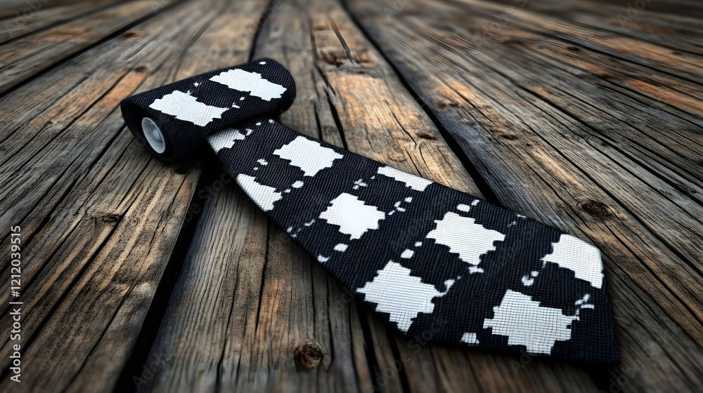 Poster a stylish black and white patterned tie is displayed on a wooden surface, showcasing its unique desi