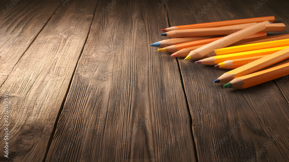 Poster a close-up of colored pencils in shades of orange resting on a textured wooden surface, creating a w