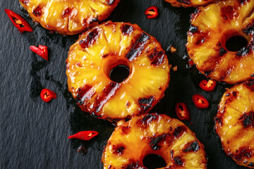 Charred pineapple skewers with caramelized edges, glazed in honey and sprinkled with chili flakes, a dark slate backdrop, creating a moody atmosphere.