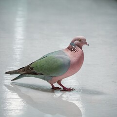 Obraz premium A pastel pink and mint-green pigeon walking across a glossy white floor.