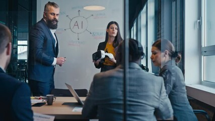 Diverse team collaborating in a modern office, brainstorming strategies for AI-driven solutions. Concept of teamwork, innovation, and leadership in business environments