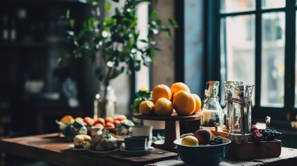Breakfast table with fresh fruits and morning light