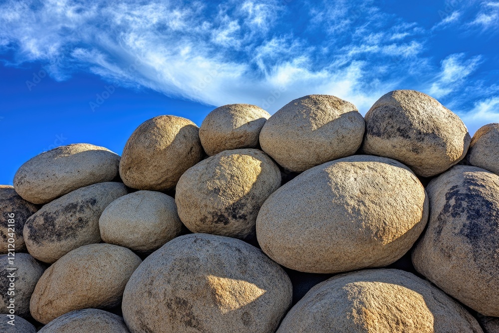Poster a stack of large rocks piled high, possibly used as a natural barrier or decorative feature