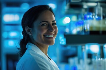 Fototapeta premium A smiling woman in a lab coat looking directly at the camera