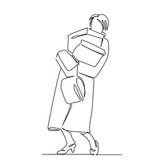 One continuous single drawing line art flat doodle retail, shopping, woman, lifestyle, bag, fashion, sale, happiness, store. Isolated image hand draw contour on a white background, hand drawn