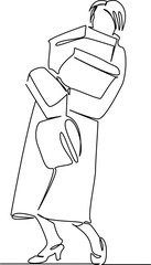 One continuous single drawing line art flat doodle retail, shopping, woman, lifestyle, bag, fashion, sale, happiness, store. Isolated image hand draw contour on a white background, hand drawn