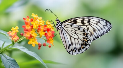 Fototapeta premium Stunning close-up of a butterfly gracefully perched on vibrant colorful flowers in outdoor natural setting