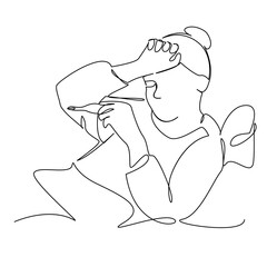 One continuous single drawing line art flat doodle woman, temperature, sleep, illness, lie down, one concern. Isolated image hand draw contour on a white background, hand drawn