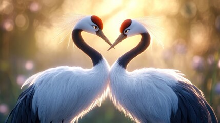 Fototapeta premium Two red-crowned cranes forming a heart shape at sunrise.