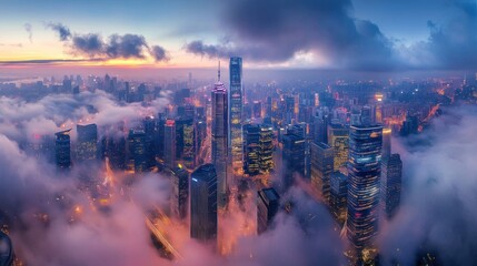 Obraz premium Shanghai Skyline Emerging from the Clouds at Dawn