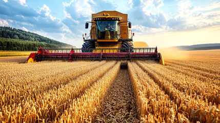 Fototapeta premium Golden Wheat Harvest: A Combine Harvester in Action