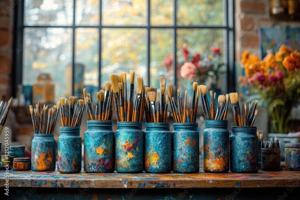Poster a collection of paint brushes stored in a glass jar on a table, ready for use