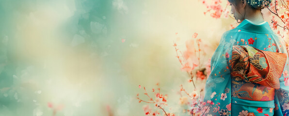 Traditional Japanese Kimono Sketch with Blossoming Cherry Blossoms in Serene Background