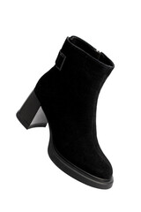 black suede women's zip-up boots with a heel, isolated on a white background