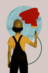 Poster image vertical photo collage of anonym girl hold paintbrush draw wall decorator renovation procedure wear helmet boiler-suit