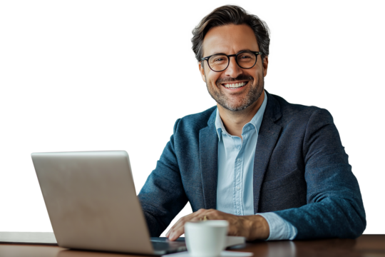 businessman working on laptop isolated on transparent