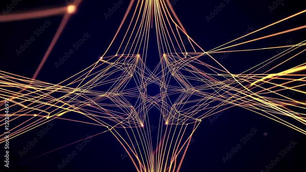 Poster exploring mesmerizing golden geometric patterns in a dark digital space with dynamic light movements