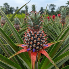 Fototapeta premium Piña joven con flores violetas y base roja, rodeada de hojas verdes en plantación tropical húmeda.
