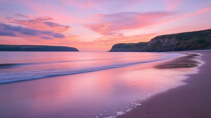 Fototapeta premium A tranquil beach at dawn with soft pink and orange hues in the sky, gentle waves lapping against the shore,