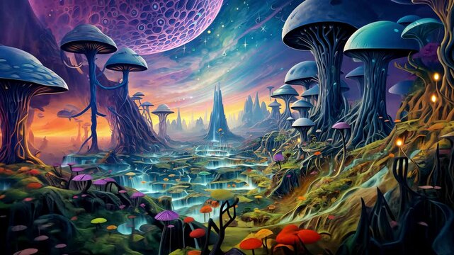 Psychedelic trip through a surreal cosmic space, where magic mushrooms unveil a fractal landscape of trippy hallucinations, blending surreal wonders, infinite dreams, and visions
