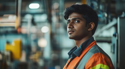 Naklejka premium Man wearing orange safety vest standing in a factory setting, suitable for use in industry or workplace images