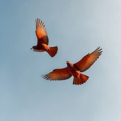 Obraz premium A fiery red and orange pigeon soaring in a clear white sky.
