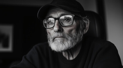 Portrait of a Senior Man: A contemplative black and white portrait of an elderly man with glasses and a thoughtful expression, showcasing the wisdom and character etched onto his face.  