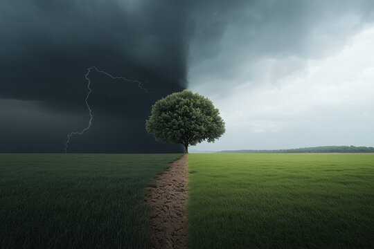 Resilience: A lone tree stands defiant, its verdant leaves a stark contrast to the raging storm splitting the landscape in two.  A powerful image of perseverance and strength against adversity.